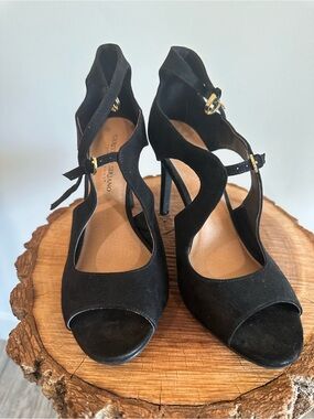 Christian Siriano Black Faux
 Suede Wavy-Strap Open-Toe Stilettos